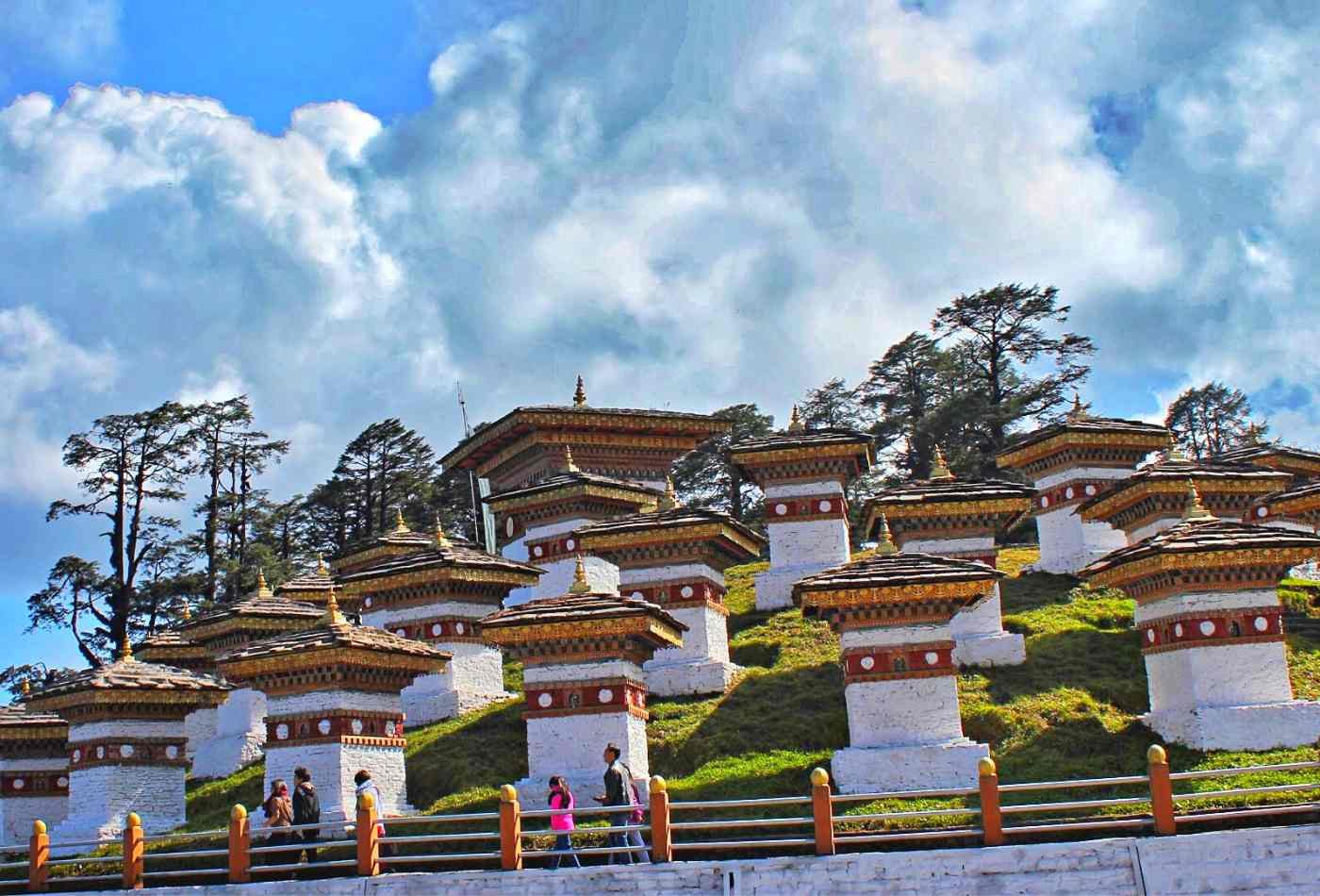 Dochu La Pass, a high mountain pass in Bhutan, featuring several small monuments built in memory of the soldiers who have served the country.