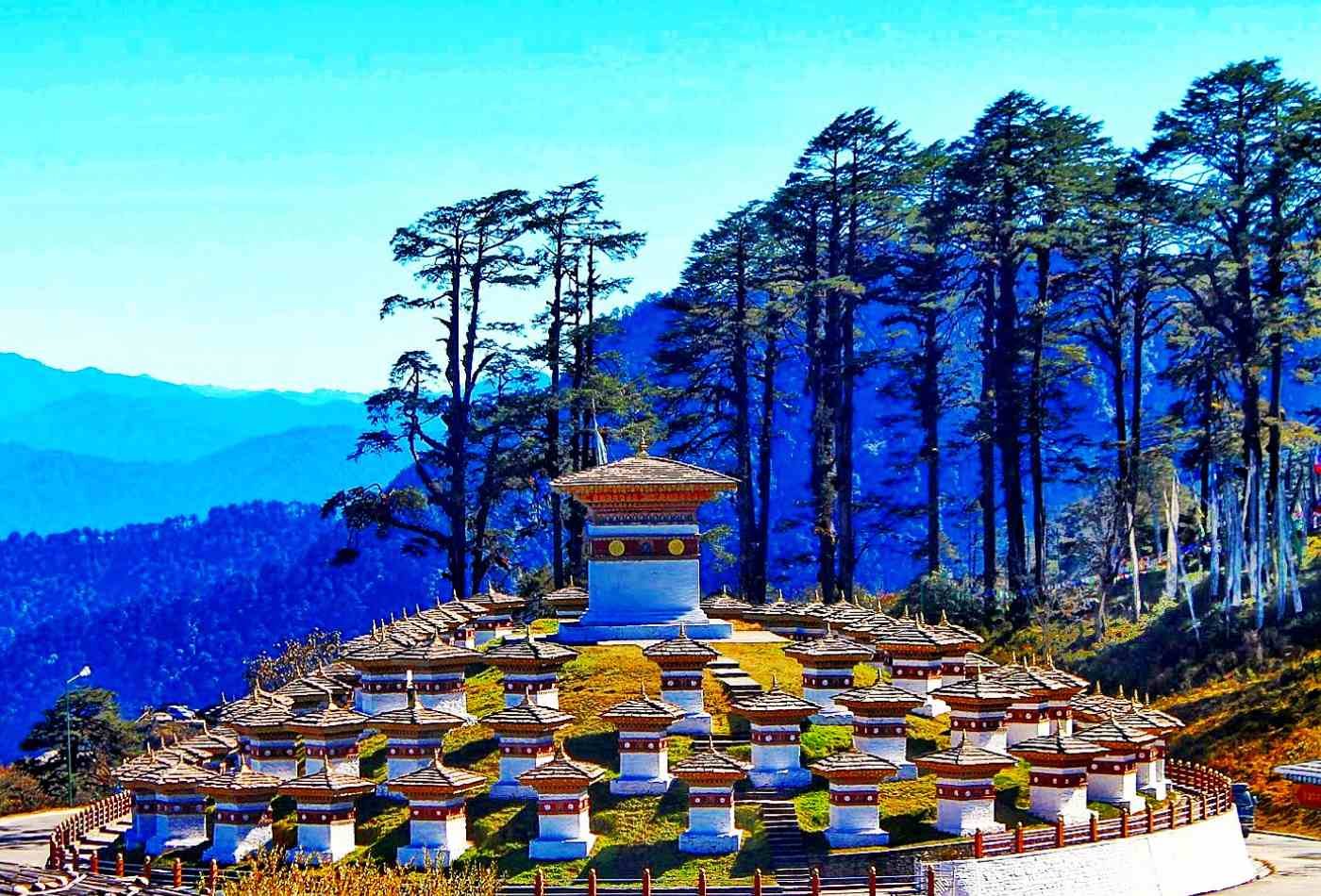 Dochu La Pass, a high mountain pass in Bhutan, featuring several small monuments built in memory of the soldiers, who servd the country. 