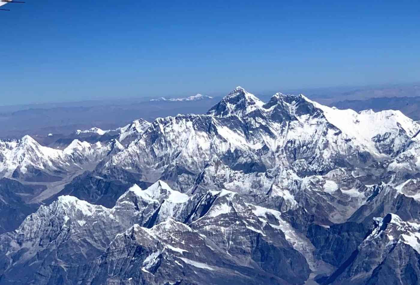 Aerial view of the majestic Himalayan mountain range, including Mt. Everest, and, Mt. Makalu, as seen from an airplane en route to Paro, Bhutan.