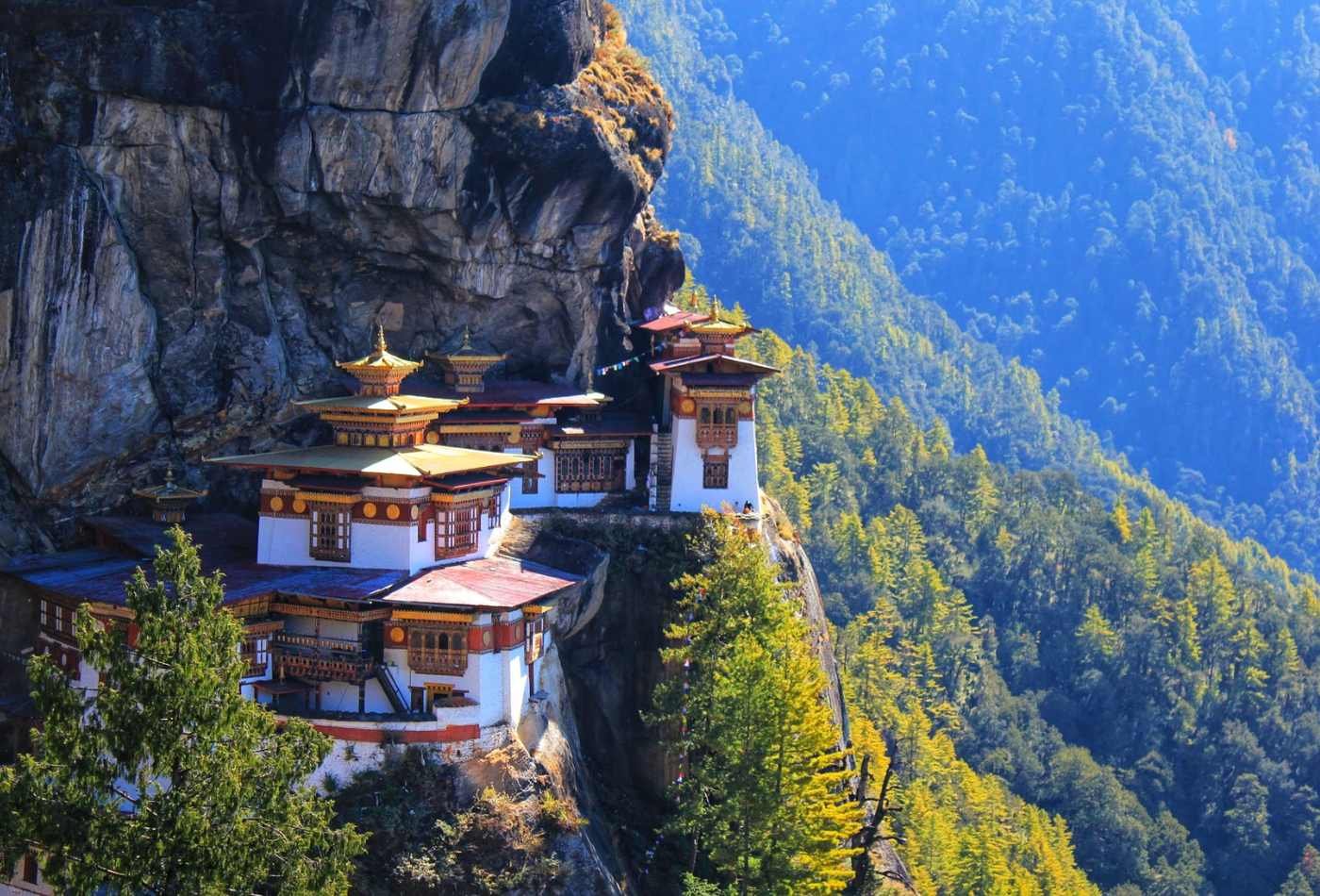 Paro Taktsang, a sacred Buddhist site also known as Tiger's Nest, perched on a cliff in the Paro Valley of Bhutan.