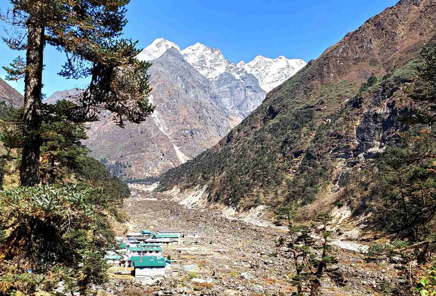 A picturesque view of Kothe village, featuring traditional green-roofed houses nestled among the trees, with the majestic Mera Peak looming in the background.