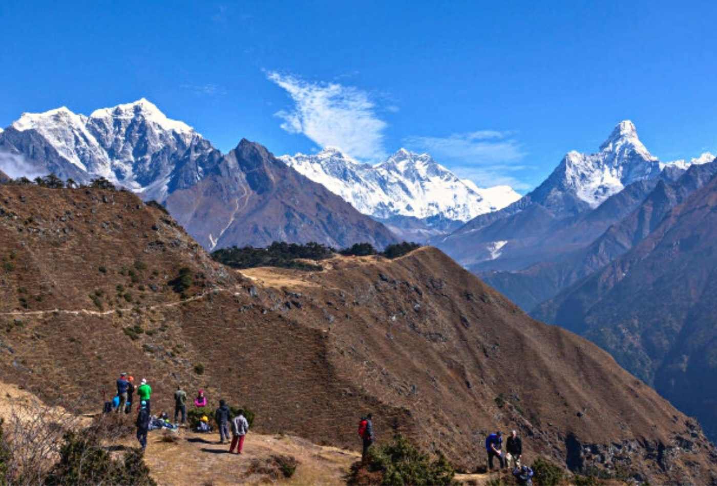  A stunning view from Namche of the world's highest mountain, Mt. Everest, along with its neighboring peaks Nuptse, Lhotse, and Ama Dablam. 