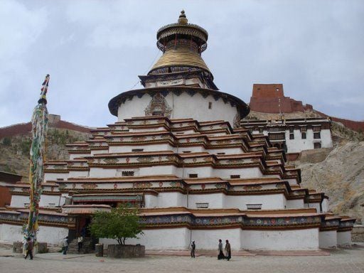 Buddhist Stupa in Tibet with white and red colours.